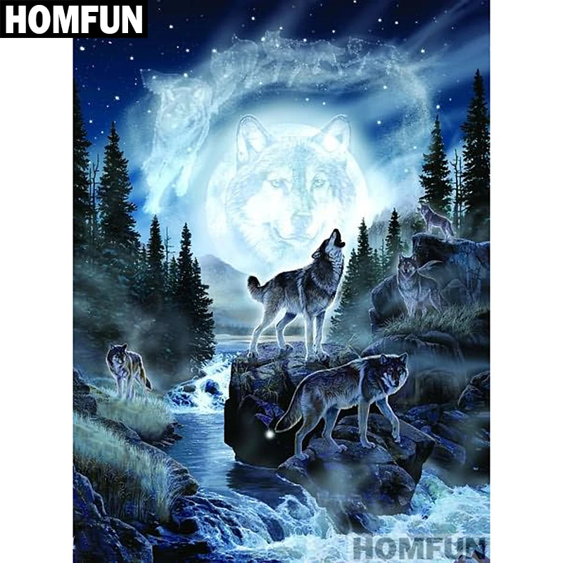 Алмазная живопись HOMFUN A01221 полноразмерная/круглая 5D Вышивка волк на лесу вышивка