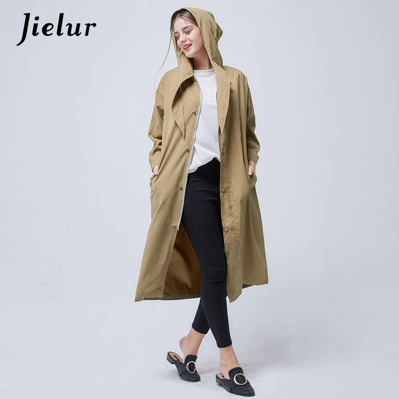 Jielur Осенняя мода длинный плащ женский сплошной цвет с капюшоном женские пальто