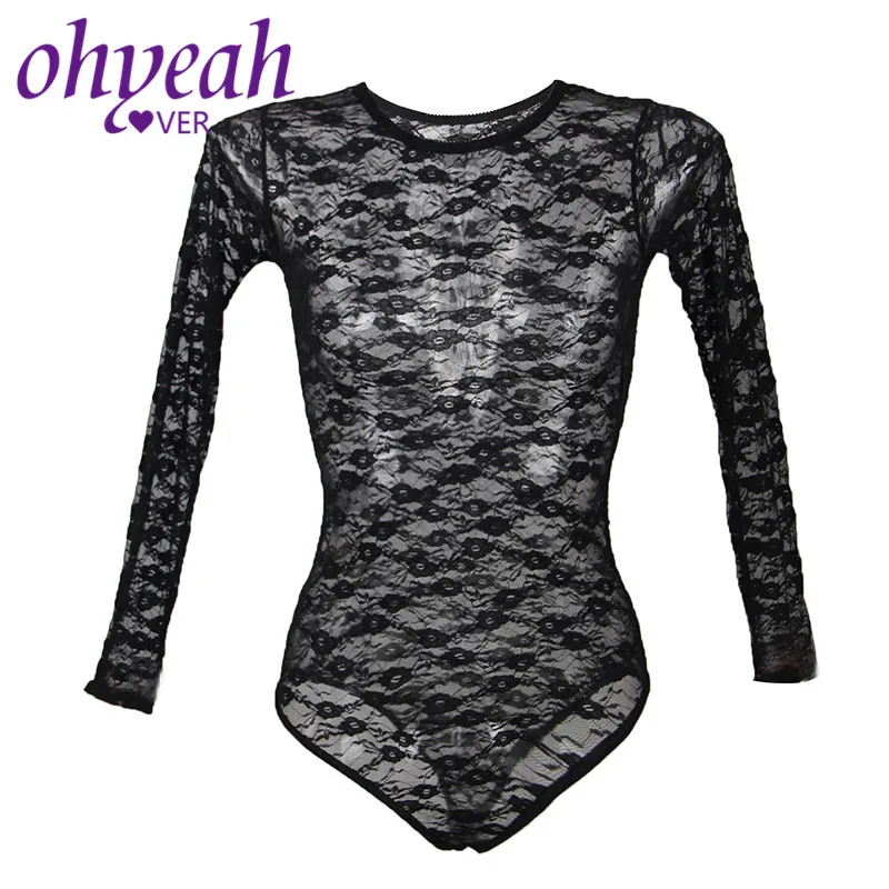 Ohyeahlover Черное Кружевное боди прозрачное женское сексуальное с длинным рукавом