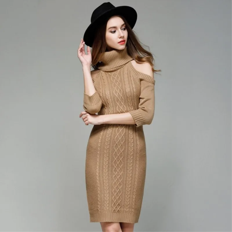 трикотажное платье свитер зима 2019 вязаное водолазка женская с открытым плечом