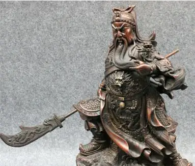 15 &quotКитайский чистая бронза 9 Дракон Воин GuanGong GuanYu Бог Держите меч статуя|Статуи