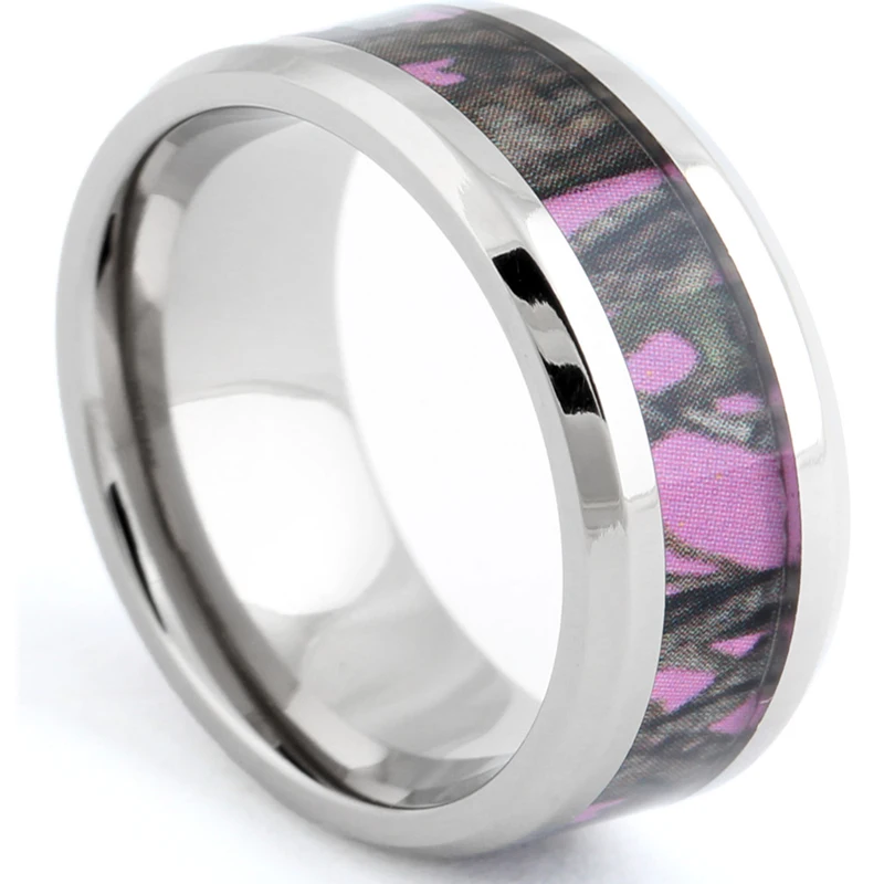 Женское титановое кольцо 8 мм обручальное с розовым камуфляжным рисунком дерева