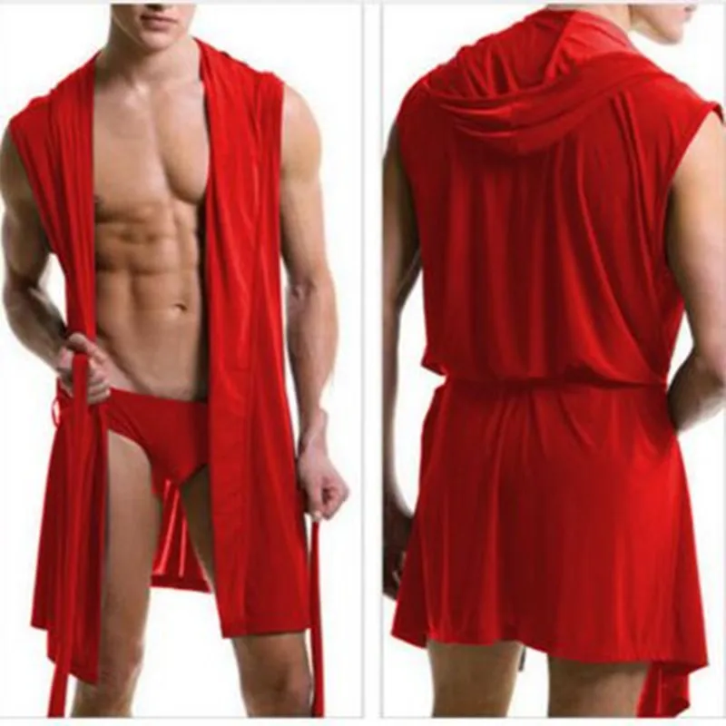 Summer Hoodie Bathrobe Casual/Sexy Gown For Men White/Black Elastic Belt Men's Polyester Sleeveless Cool Fashion Clothes NEWPjs