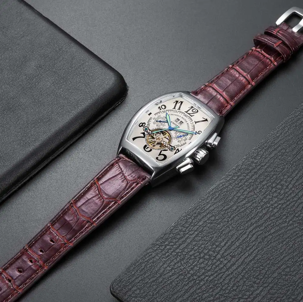 Мужские механические часы Tonneau Tourbillon Роскошные водонепроницаемые Модные деловые