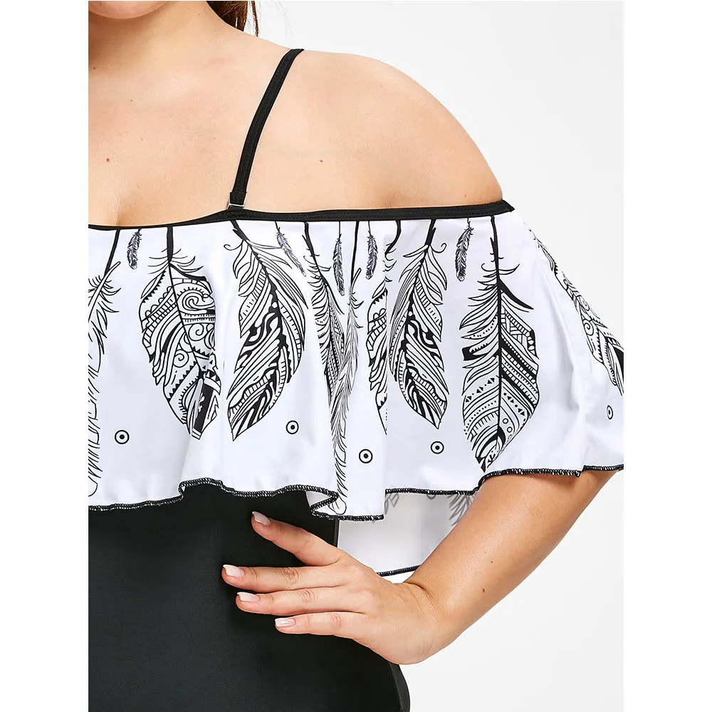 Rosegal плюс размер купальники бикини для женщин перо печатных набор открытый плечо