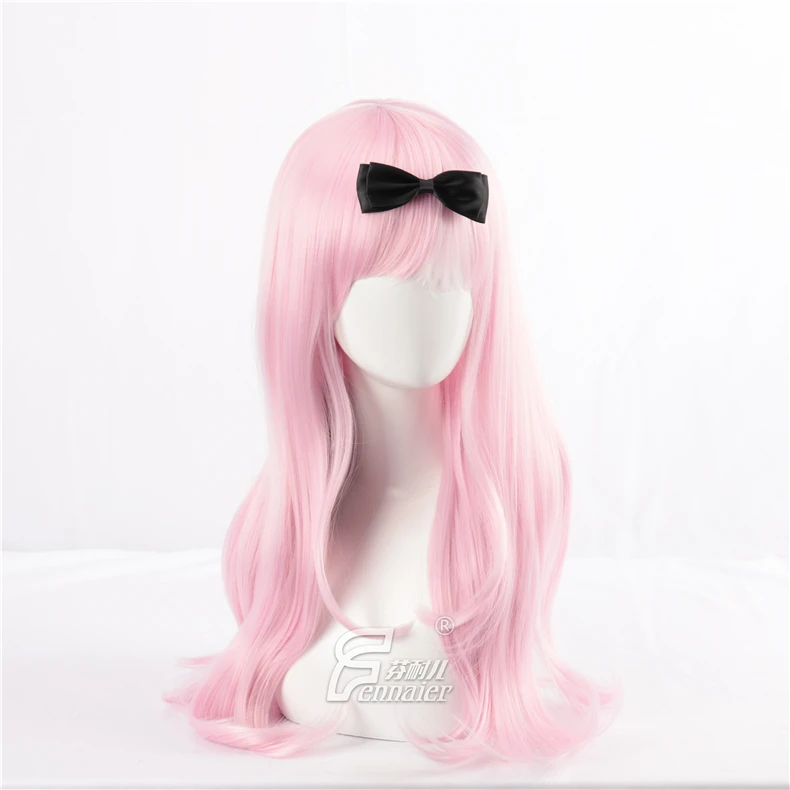 Tokyo Anime kaguya sama: love is war Fujiwara Chika cosplay wig women long wavy pink hair wig with black bowknot costumes