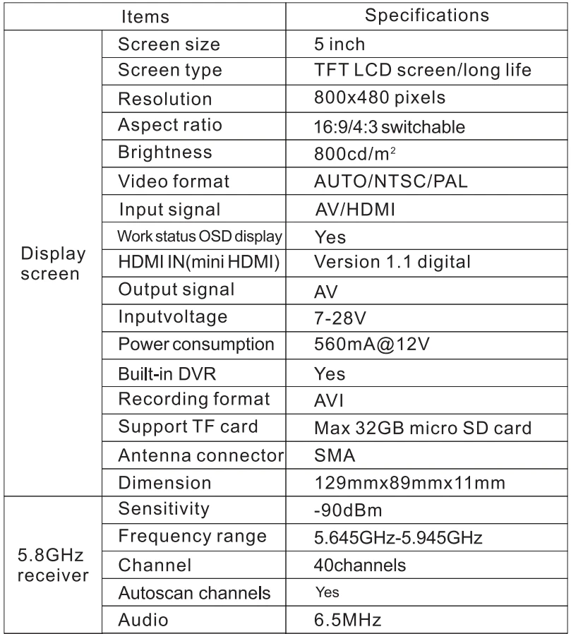 FXT FX508 Высокая яркость 5 ''800x480 5,8 GHz разнообразие приемник монитор с DVR и HD портом для беспилотный Квадрокоптер FPV очки