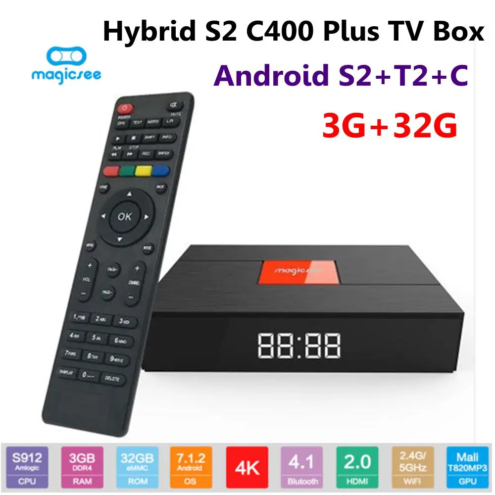 Magicsee C400 плюс ТВ коробка Hybird S2/T2/C Amlogic S912 Android7.1.2 3 GB/32 GB 2 4G/5G Wi Fi 100 Мбит/с BT4.1 PVR Запись