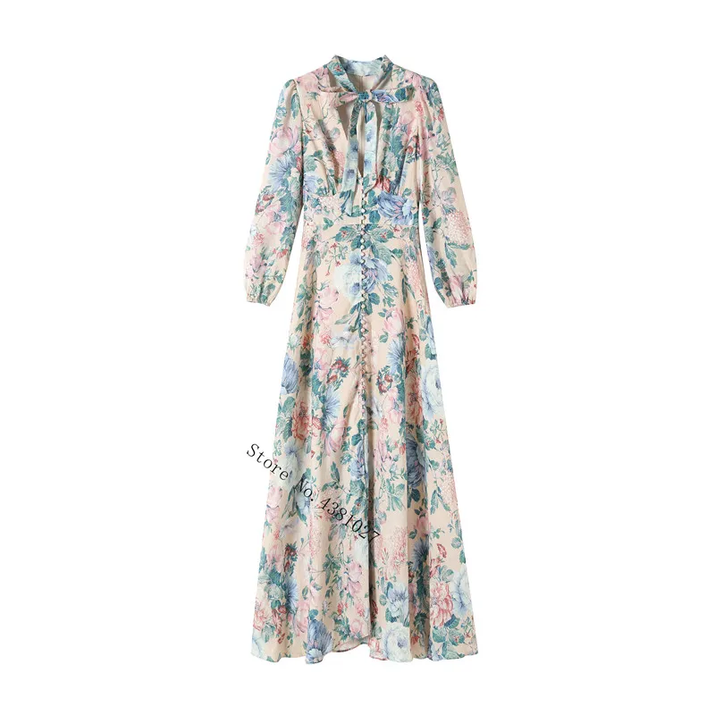 Summer New Fashion Linen Retro Printing V-Neck Single-Breasted Vacation Long Sleeve Dress Women's