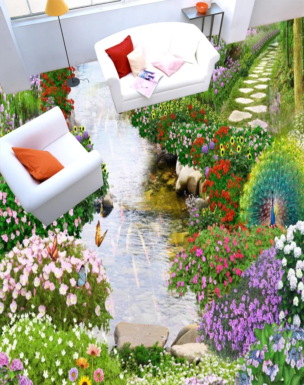 

[Self-Adhesive] 3D Peacock Colorful Garden 5 Non-slip Waterproof Photo Self-Adhesive Floor Mural Sticker WallPaper Murals Print