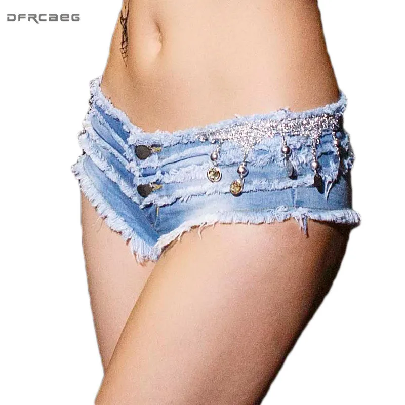 New 2020 Light Blue Sexy Mini Shorts Jeans For Women Low Waist Pole Dance Denim Short Feminino Sequins Lurex Nightclub | Женская одежда