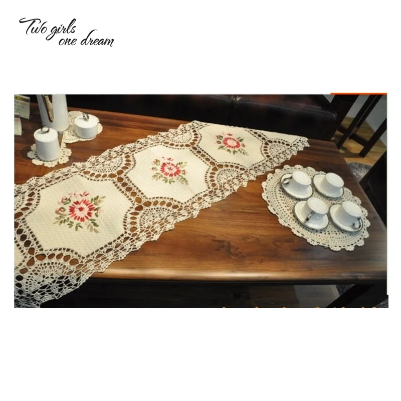

Retro Handmade Crochet Table Runner Ribbon Embroidered Flower Cotton Hollowed-out Lace American Table Flag Tablecloth 40*175cm