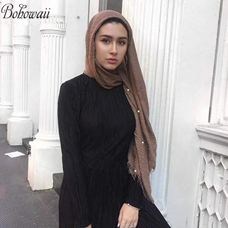 Женский шарф-хиджаб BOHOWAII Abaya мусульманский хиджаб гофрированный шарф с