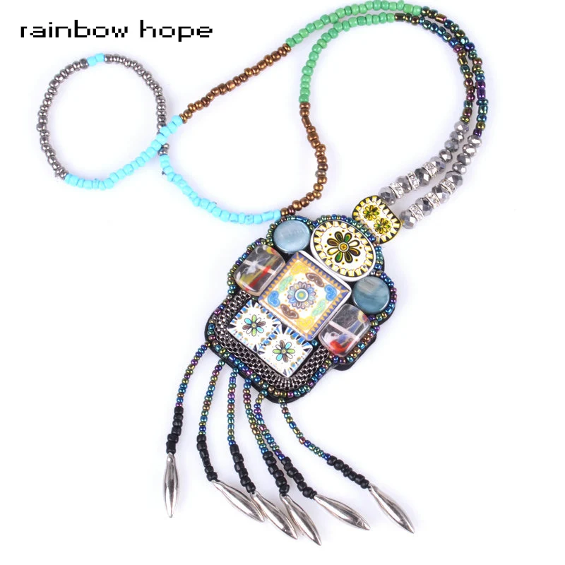 2017 Trendy Luxury Mixed beads long necklace statement Necklaces &amp Pendant Ceramic ethnic Bohemian Multicolor Beaded Jewelry | Украшения