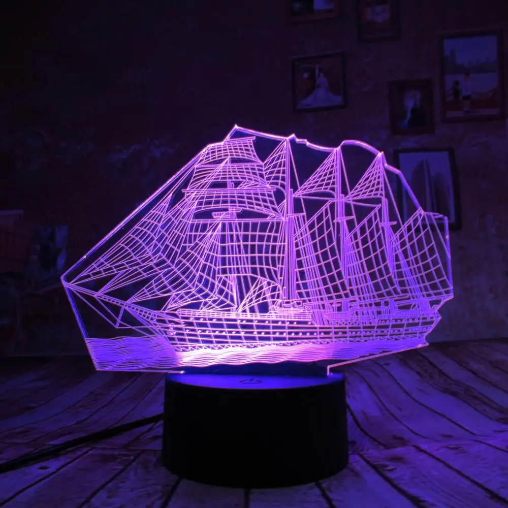 Парус корабль лодка 3D лампа Оптическая иллюзия ночник для детского сада 7