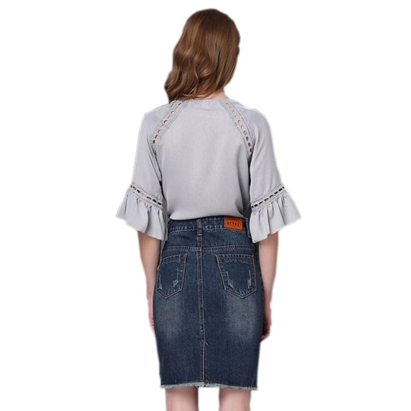 Плюс размер синяя джинсовая юбка 2017 Осенняя Новая повседневная вышитая с высокой