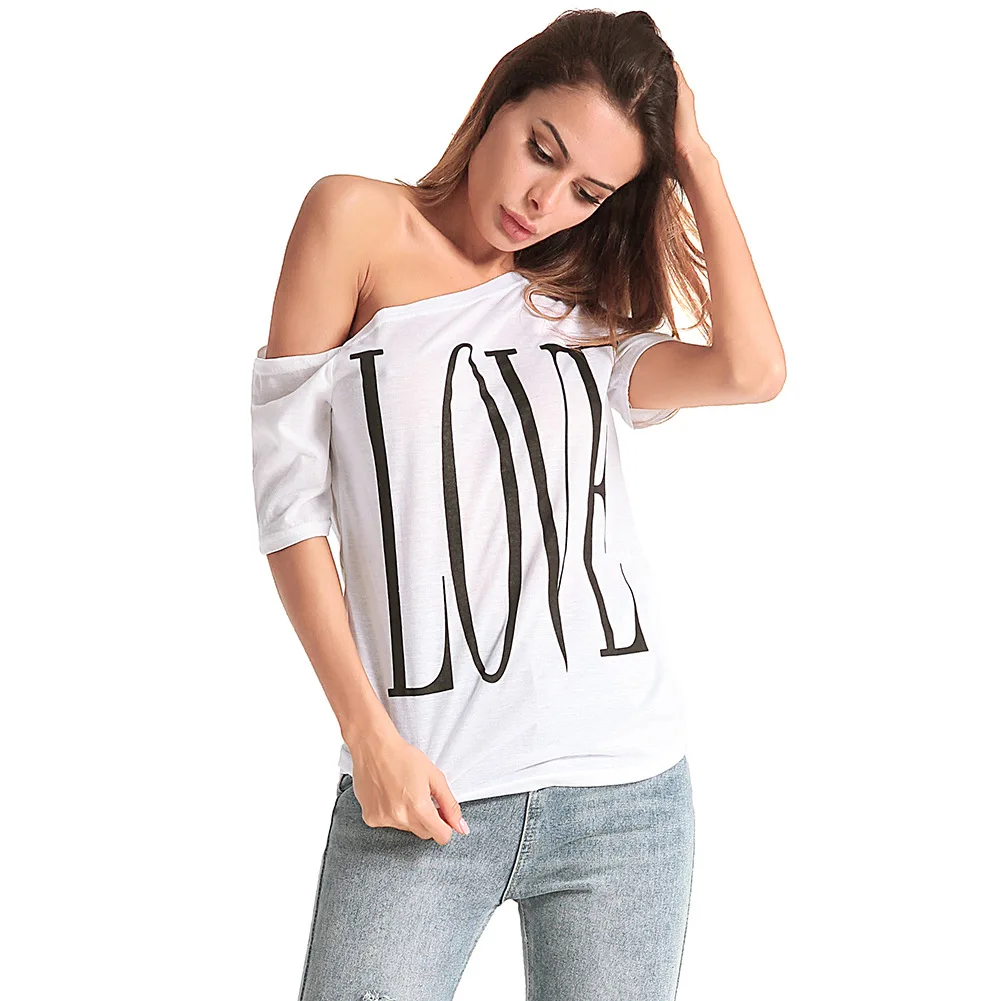 

White Female printing T-Shirt Off Shoulder Slash Neck Sexy Top Split Short Sleeve Women's Large Sizes Loose strapless T-shirts