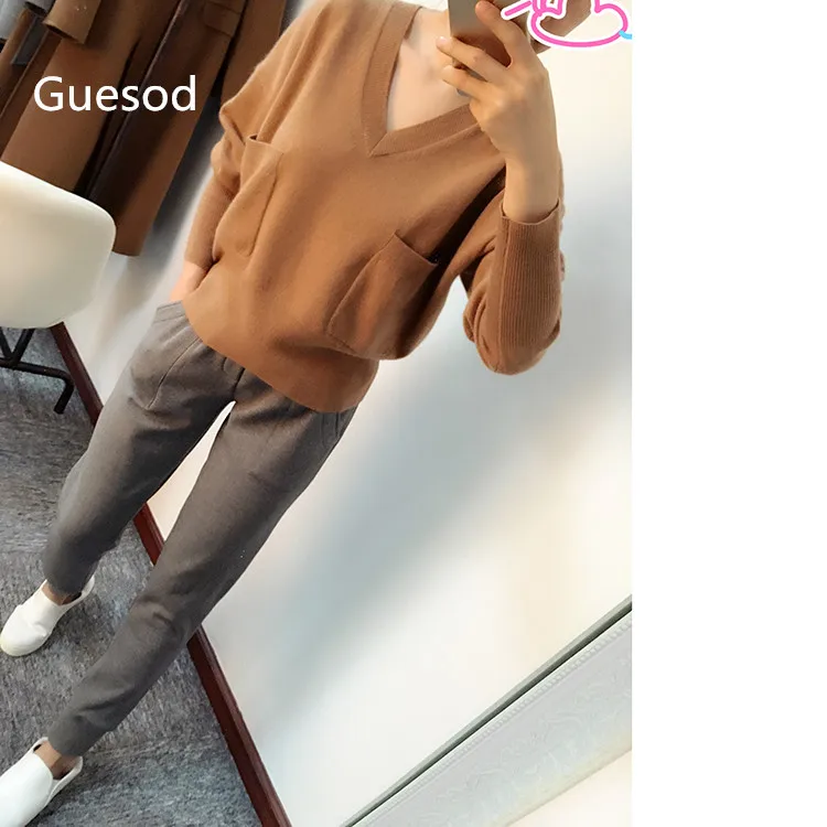 

Guesod 2018 Spring Autumn Women Sweater 100% Cashmere Pocket V-Neck Batwing Sleeve Short Design Cashmere Female Knitting Sweater