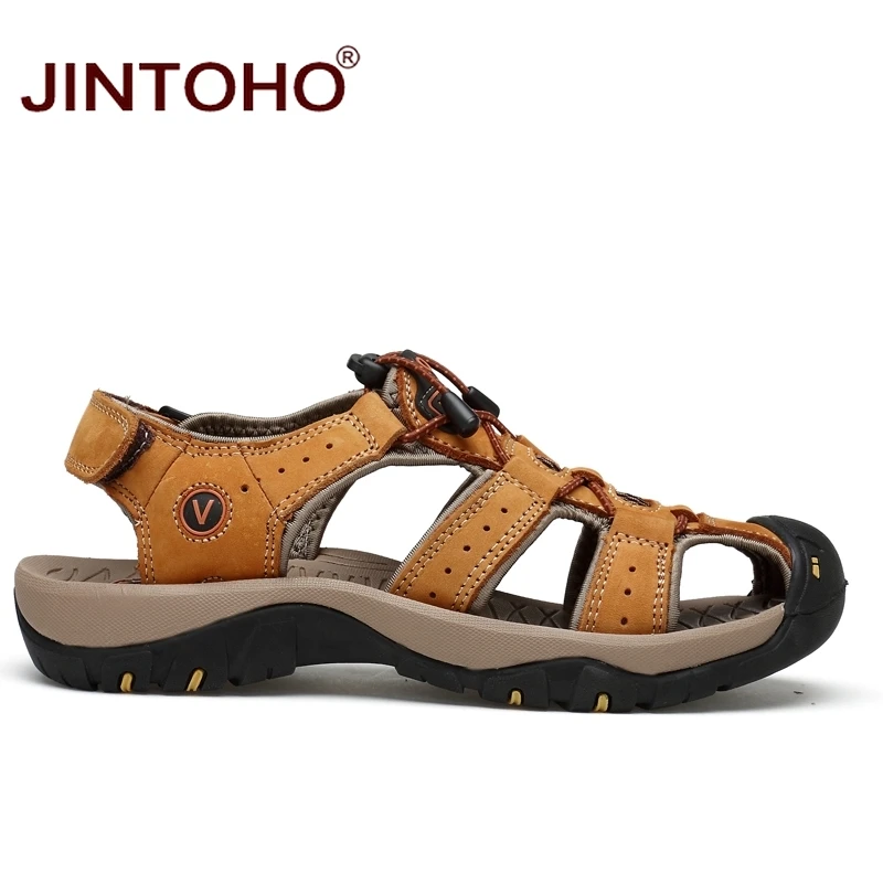 Сандалии JINTOHO мужские из натуральной кожи модные пляжные босоножки Брендовые