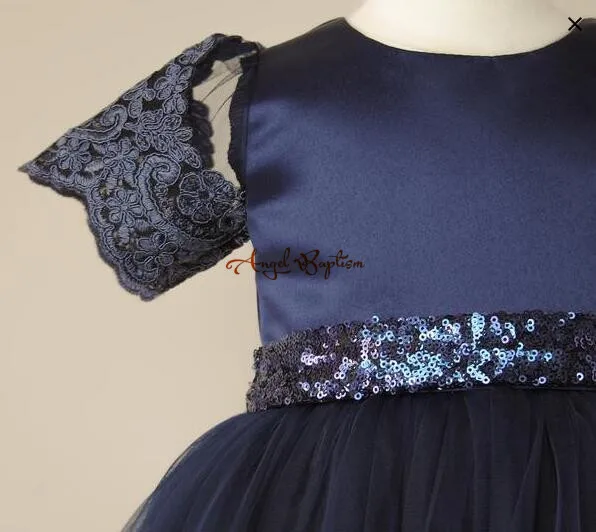 Navy blue lace tulle Flower Girl Dresses baby first Birthday knee length kid pageant prom party evening gown with sequin bow | Детская