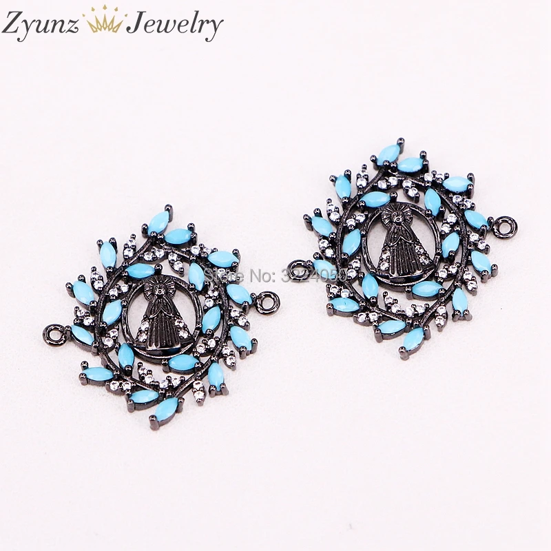 10PCS AZYZ302-5373 Micro Paved CZ and blue Stone Virgin Maria Bracelet Connector Beads Fashion Women Jewelry Findings | Украшения и