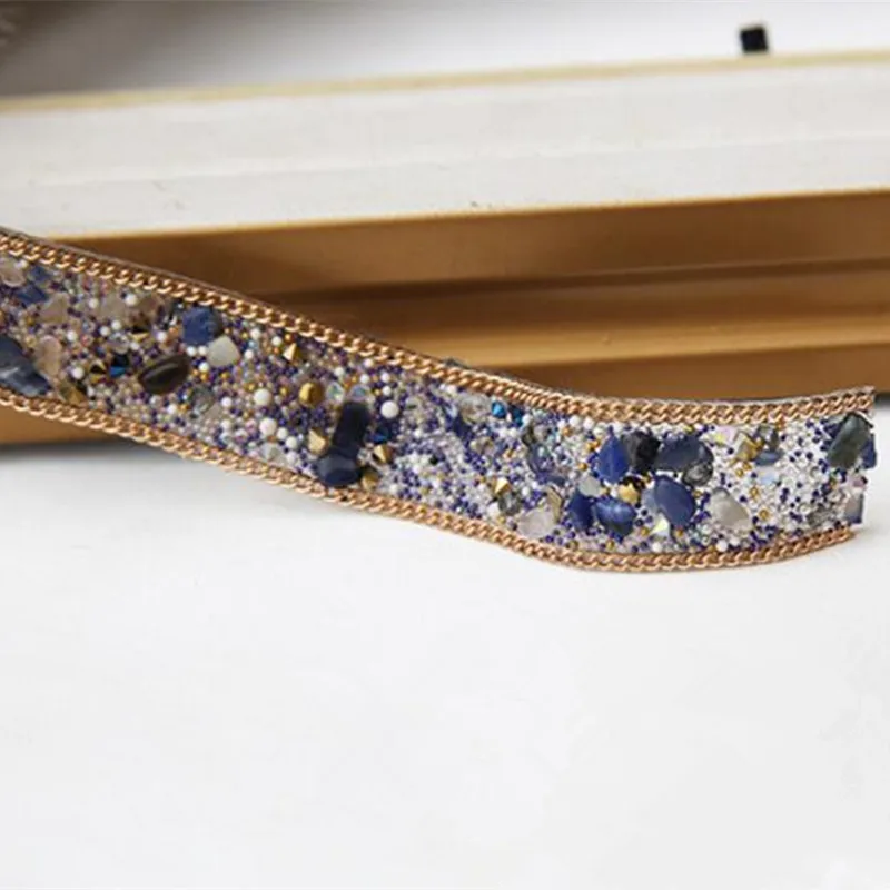 

Blue lace trim Crystal Rhinestone Wedding dress accessories lace trim fabric applique Iron on the clothes or Sew on the clothes