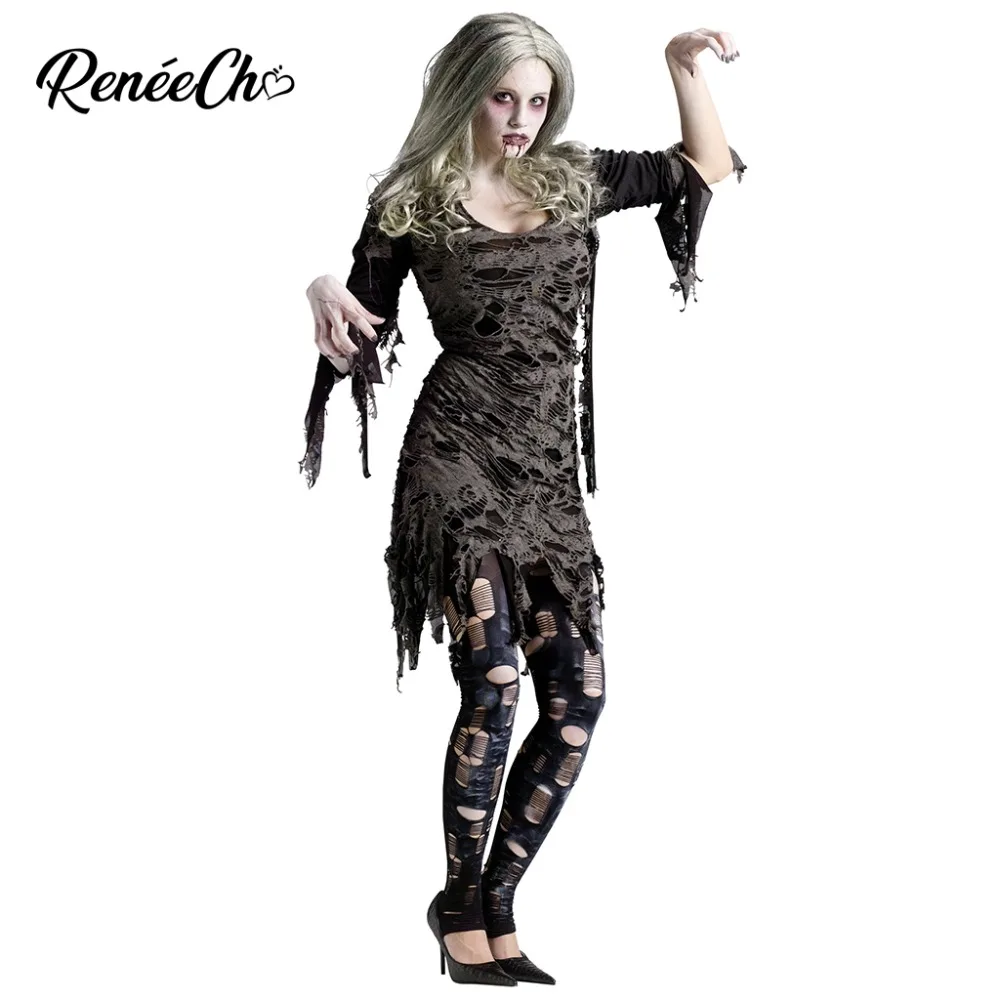 

Reneecho Halloween Costume For Women Adult Living Dead Costume Scary Lady Zombie Cosplay Hole Dress And Leggings 2 pieces Set