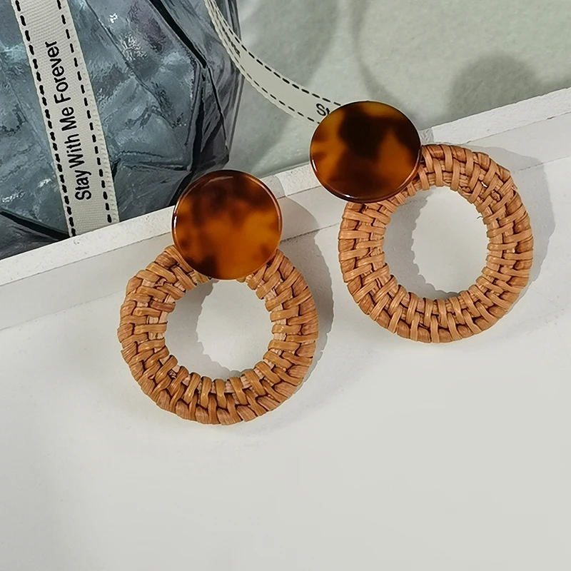 Trendy Bohemia Handmade Straw Woven Earrings Geometric Round Square Shape Stud For Women Fashion Jewelry | Украшения и аксессуары
