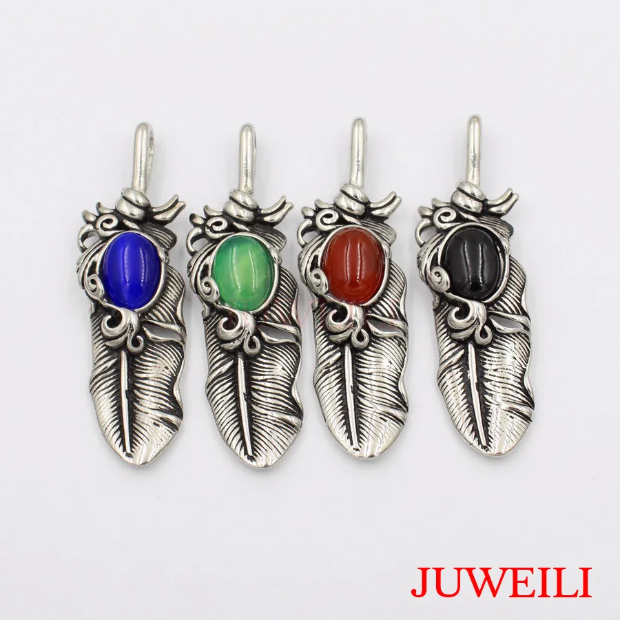 JUWEILI Jewelry 1x Ретро индийский Стиль перо набор камень Нержавеющая сталь кулон