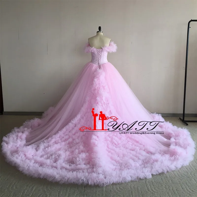 Real Photo Off The Shoulder Baby Pink Flowers Ball Gown Quinceanera Dresses 2017 Tulle Vestidos De 15 Anos Custom | Свадьбы и