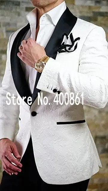 Side Vent One Button White Paisley Groom Tuxedos Shawl Lapel Groomsmen Mens Wedding Suits Blazers (Jacket+Pants+Tie) W:494