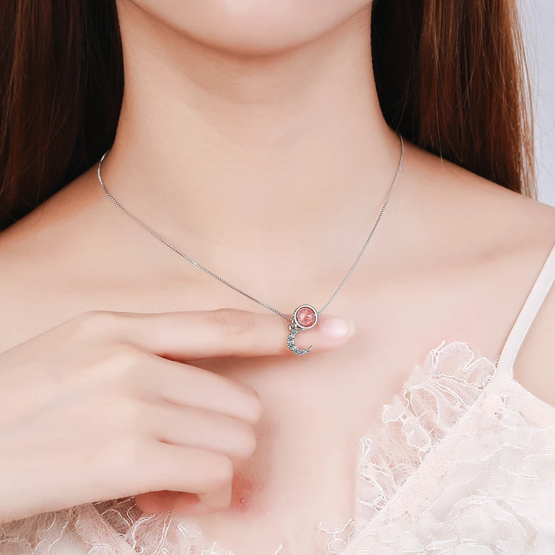 Everoyal Trendy Zircon Moon Pink Necklace For Women Accessories Charm Silver Plated Girl Necklaces Jewelry Female | Украшения и
