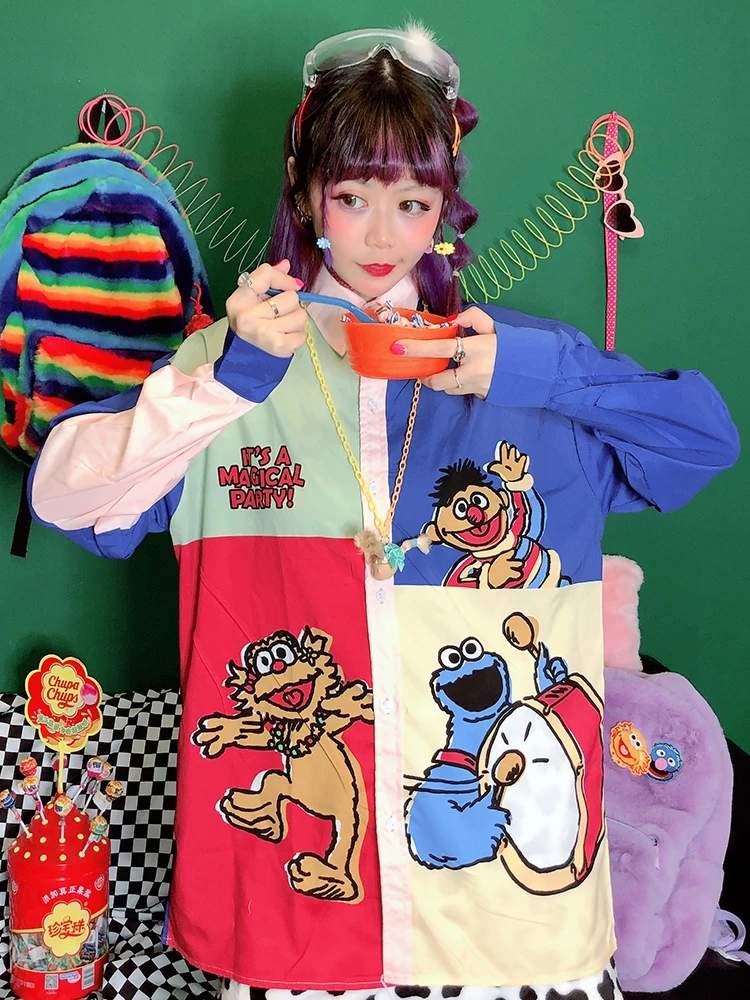 Harajuku стиль Childlike мультфильм цвет с длинным рукавом Тонкая карта рубашка рубашки для женщин