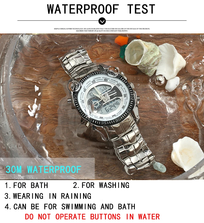 Stryve S8016 мужские спортивные часы двойной дисплей светодиодный Аналоговый Chrono военный тяжелый циферблат водонепроницаемый Нержавеющая сталь кварцевые цифровые часы Reloj