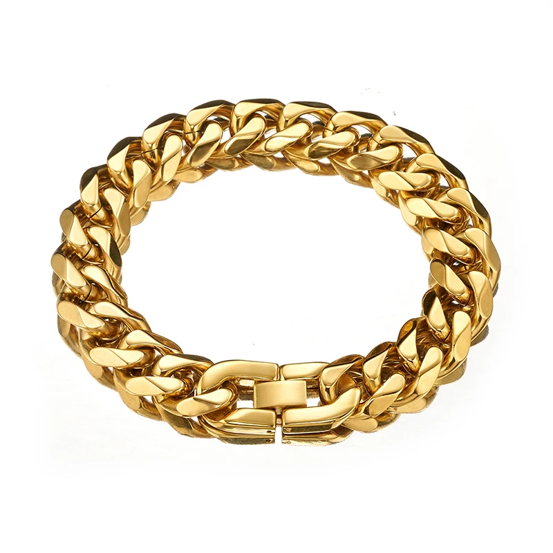 

Newest Arrival Gold Color 15mm Wide Curb Cuban Link Chain Bracelet For Men Stainless Steel 7-11 Inches Free Customization