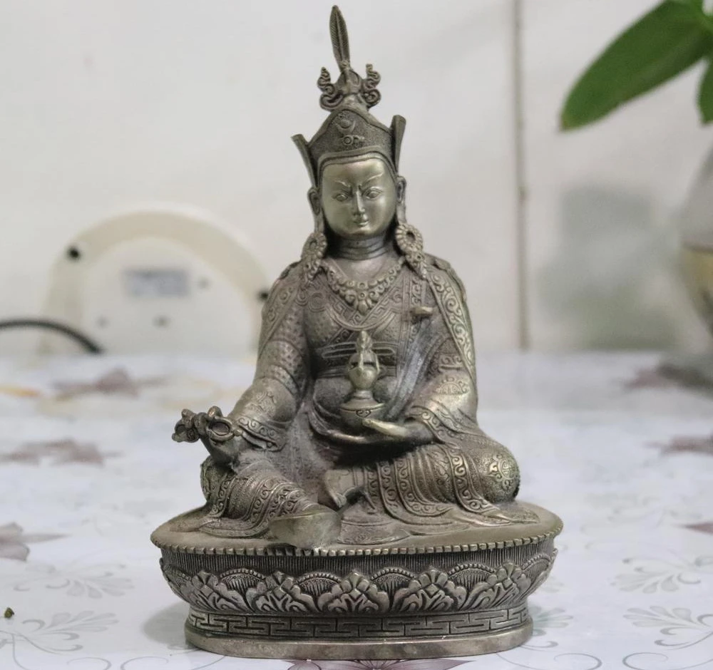 Tibet Buddhism White Copper Silver Fane Lotus Padmasambhava Master Buddha Statue | Дом и сад