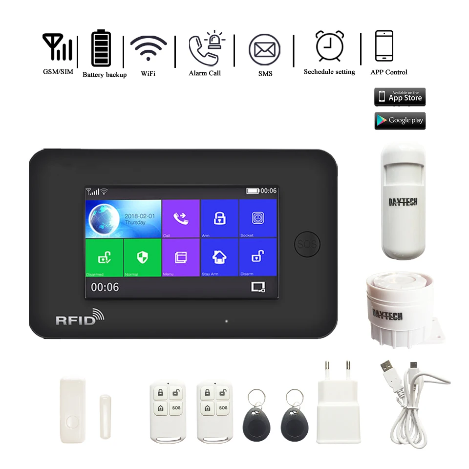 

DAYTECH WiFi GSM Alarm Security System LCD Color Touch Screen Wirless Home DIY GSM System Motion Detector Fire Sensor（TA03）