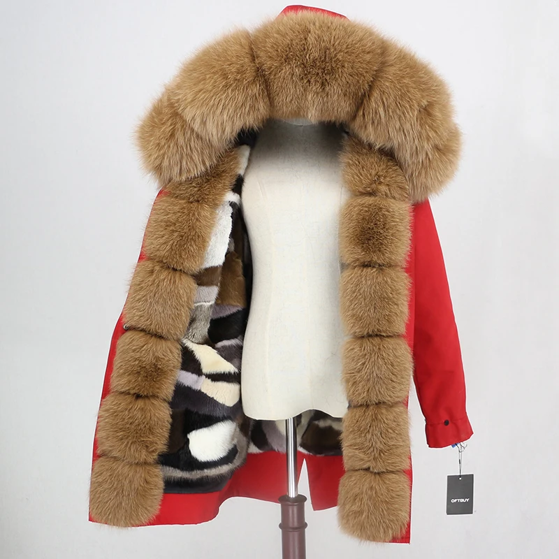 red camel OFTBUY, водонепроницаемая длинная парка, верхняя одежда, настоящая норковая шуба, зимняя куртка для женщин, воротник из натурального меха енота, роскошная теплая уличная одежда - Цвет: red camel