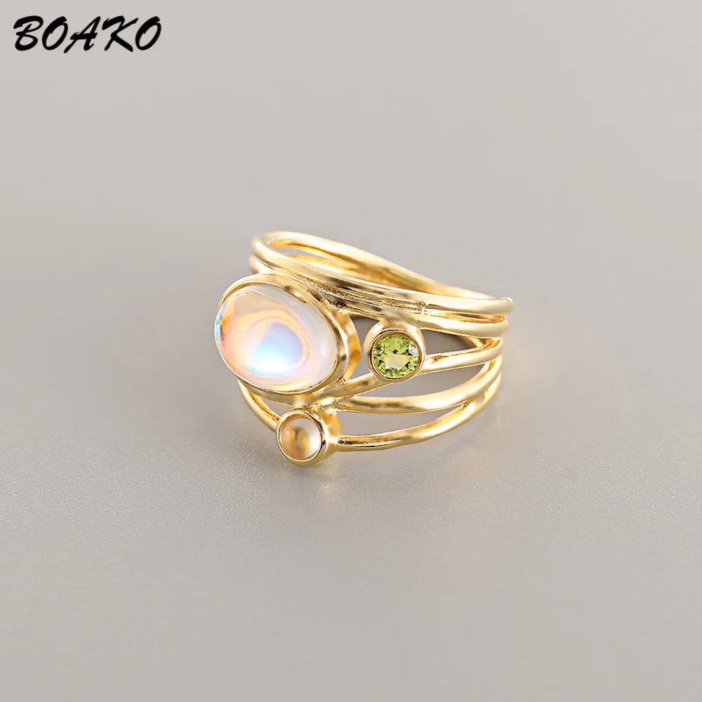 BOAKO Boho Овальный лунного камня из желтого золота кольца для Для женщин Винтаж Радуга Натуральный камень кольцо из белого золота из цветного циркона, хрусталя кольцо обручальное кольцо Bague