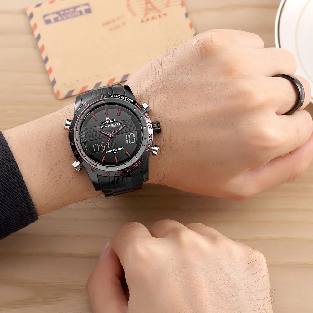 

NAVIFORCE 2019 Luxury Brand Dual Display Clock Fashion Stainless Steel Men's Watch Army Male Sport Wristwatch Waterproof