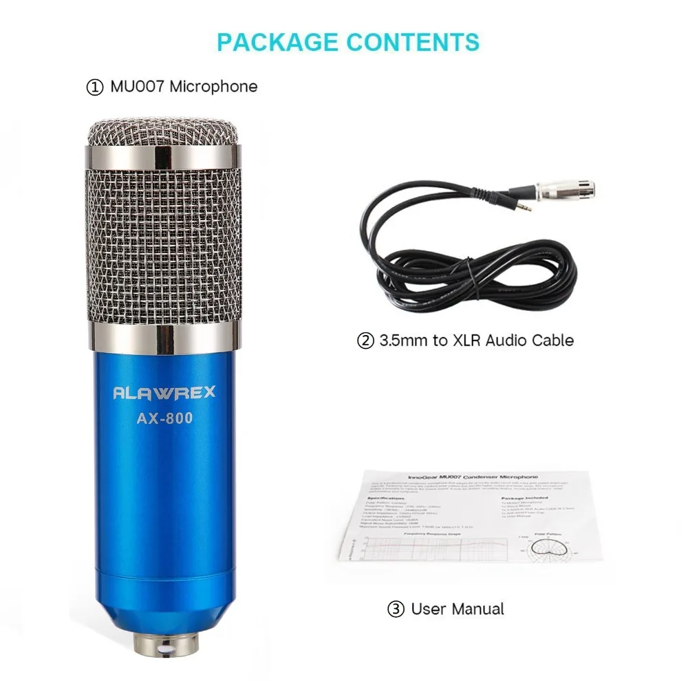 2pcs kit Blue ALAWREX AX-800 конденсаторный микрофон для записи звука с амортизационным креплением для радио, записи пения, караоке - Цвет: 2pcs kit Blue