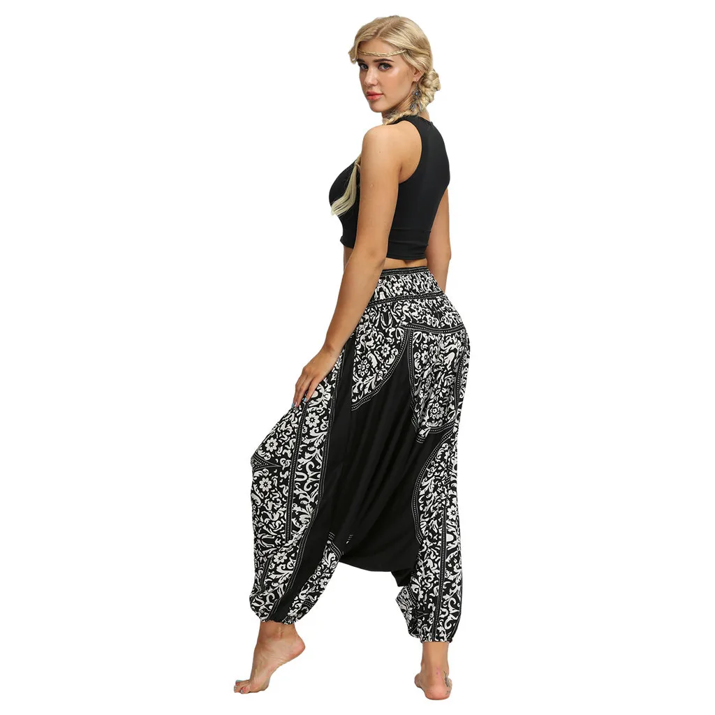 Женские Удобные Пляжные Мешковатые Штаны Boho Gypsy Hippie, брюки с эластичным поясом и принтом, повседневные свободные Аладдин, шаровары# T20
