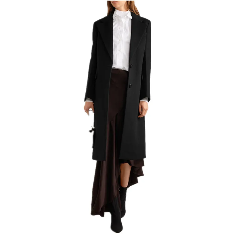 Manteau femme UK Новая мода с зубчатым отворотом простое деловое длинное пальто женское черное пальто осень зима Casacos femininos