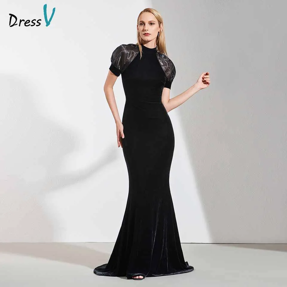 Черное платье с высоким воротом Dressv вечернее на молнии коротким рукавом для