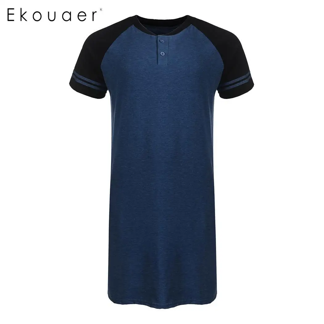 Ekouaer, мужские пижамы, мягкие ночные рубашки, ночная рубашка с коротким рукавом, свободная длинная рубашка для сна, Мужская пижама, домашняя одежда размера плюс - Цвет: Blue
