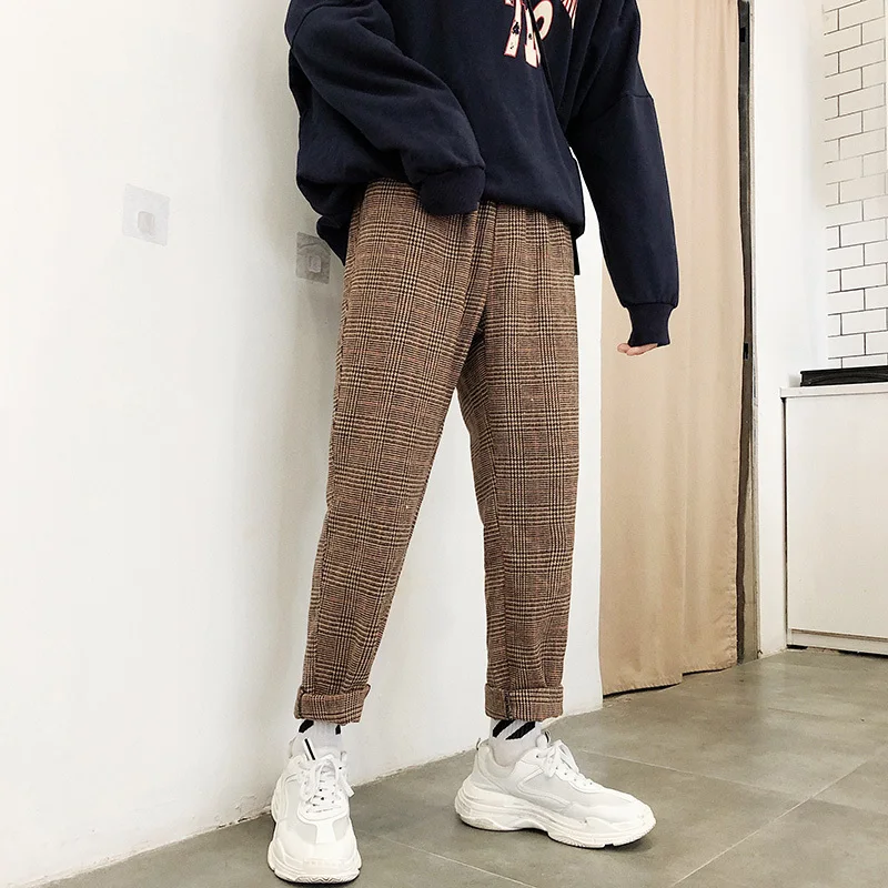 Мужские эластичные шаровары в клетку повседневные свободные брюки из хлопка