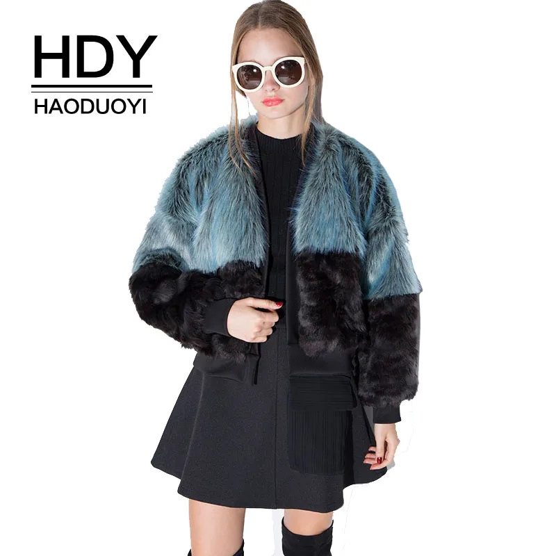HDY Haoduoyi Для женщин куртка пальто с искусственным мехом женская меховая Цвет блок