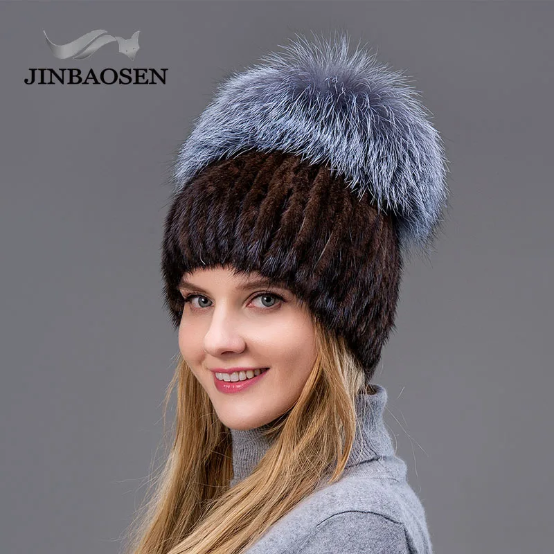 JINBAOSEN женская зимняя шапка из меха норки вязаная натурального Меха чернобурки