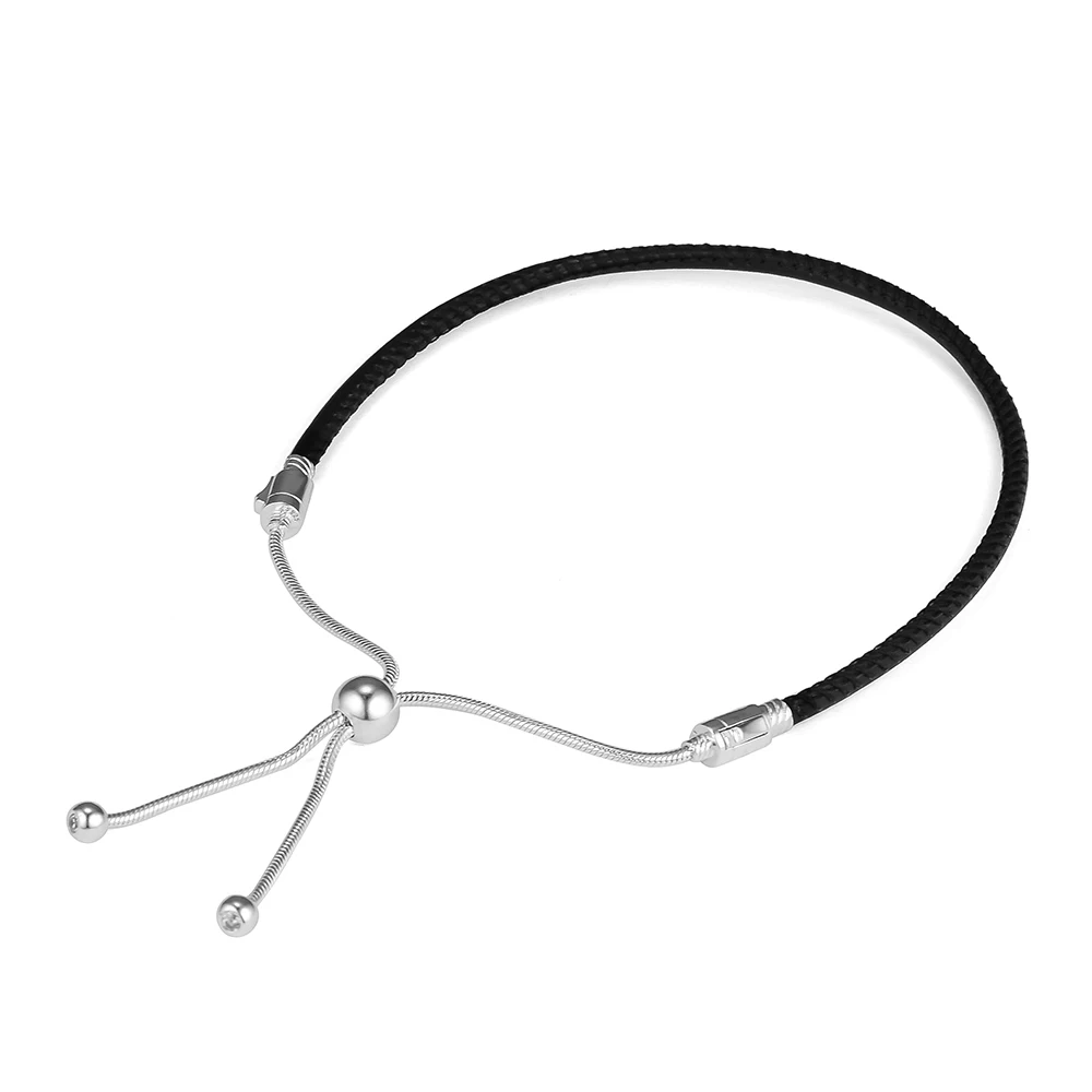 

CKK Bracelet for women Sliding Black Leather Bracelets Pulseira Feminina Masculina Pulseras Mujer Silver 925 Sterling jewelry