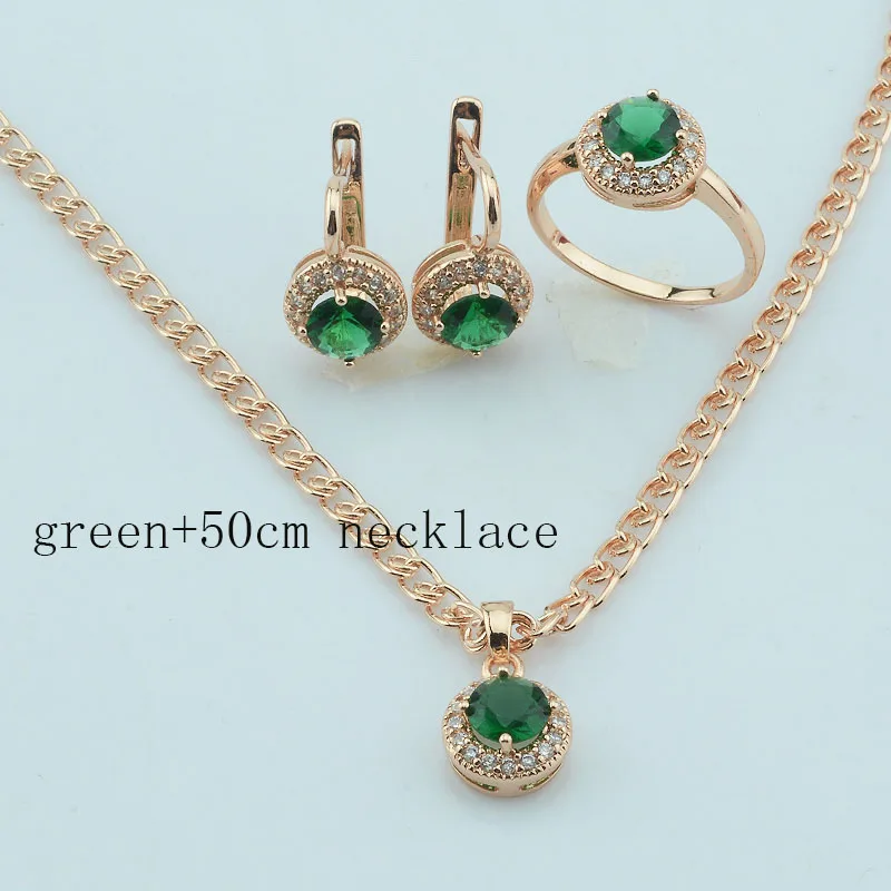 green 50cm FJ 2 цвета женский красный/зеленый камень кубический циркон ожерелье обручальные ювелирные наборы розовое золото цвет кулон+ серьги+ кольца набор - Окраска металла: green 50cm
